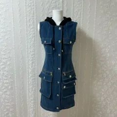 Y2k ヴィンテージ パンク プリンターの色 デニム フード ミニ ワンピース ベスト ギャル