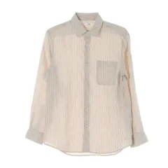 M UNIQLO(ユニクロ) リネン 100 % ベージュ 垂直 ストライプ 長袖 シャツ