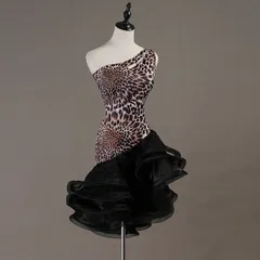 新品 未使用 ラテンダンス衣装 レディース ワンショルダー ドレス レオパード柄 フリルスカート ワンピース 社交ダンス衣装 ラテンドレス ジルバ 三歩  ステージ衣装 舞台衣装 発表会 コンテスト 練習着