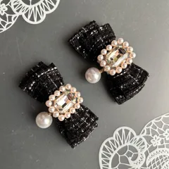 ダブルパール♡ツイードミニリボン　黒　ブラック　ヘアクリップ  量産型　地雷　ゴスロリ　天使界隈　サブカル　コンカフェ