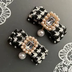 ダブルパール♡ツイードミニリボン　黒　ブラック　千鳥格子　ヘアクリップ  量産型　地雷　ゴスロリ　天使界隈　サブカル　コンカフェ