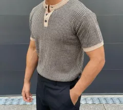 ハウンドトゥース半袖ニット地(新品/夏クール)