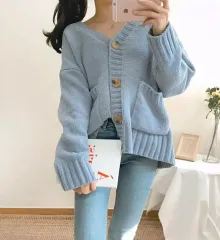 アバント 爆弾 フレンチテリー Vネック ニット カーディガン 水色 ライトブルー