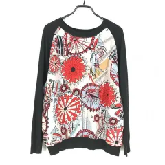 Leccove レディース フロントシフォン 9 スリーブレス 薄いニット T シャツ 黒 F ( HU38023 )