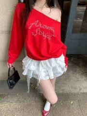 赤 オーバーサイズ オフショルダー トレーナー