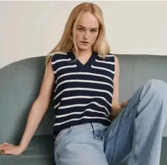 ZARA(ザラ) zara ストライプ ニット Vネック ベスト s サイズ ネイビー ボーダー柄