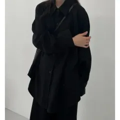 オーバーサイズ ストラップ シャツ 黒 ルーズフィット ウエスト紐 O