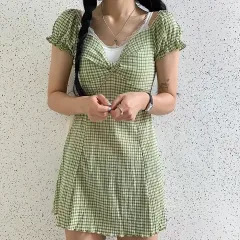緑 チェック ミニ ワンピース