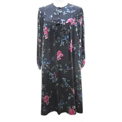 VIVID FANCY レトロ 花柄 長袖 ワンピース ロング丈 M 灰系 グレー 加工リボン ギャザー 裏地 肩パット