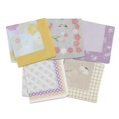 [のレン] レディース ふし糸 織り 綿 ハンカチ 50×50cm (吉祥文様 / 5枚セット - 永遠の幸福) / 日本製 京都謹製 綿100% 生地