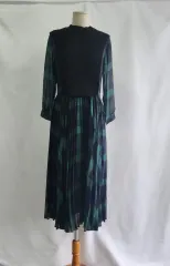 ニットベスト チェック 袖 シースルー ロング プリーツ ワンピース