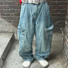 ヴィンテージ y2k ウォッシュ ポケット1つ ワイド デニム カーゴ デニムパンツ