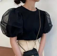半袖ブラック パフ 夏 シースルー レディース Tシャツ ブラウス