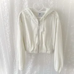 adidas(アディダス) 白 コーデュロイ ジップアップパーカー フード付き クリーム アイボリー クロップド トラックトップス