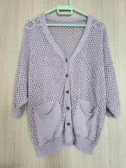 レディース ライトパープル 7分 メッシュニットカーディガン