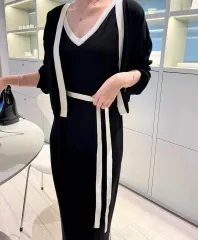 バイカラー カーディガン ロング丈ワンピース セット 黒