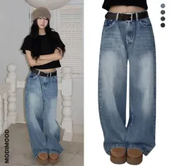 modimood ably(エイブリー) フォルダー 裾 スナップ 2Way ウォッシュ デニム パンツ インディゴブルーデニム ロングタイプ s