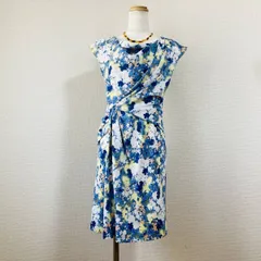 美品 ジャスグリッティー 花柄フレアワンピース 白 青 2 M 膝丈 ノースリーブ JUSGLITTY お呼ばれ 結婚式 通勤 春夏 裏地あり