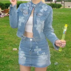 刺繡 デニム クロップド デニムジャケット ミニスカート デニムスカート セット セットアップ
