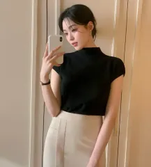 新品 モックネック ハイネック 半袖 フレンチスリーブ ニット ブラック