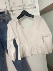 新品 スタシネック シャーリング 白 コットンブラウス レディース長袖