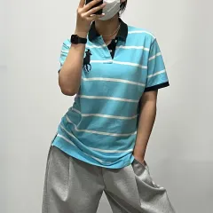 ポロラルフローレン ボーダー柄 ストライプ 半袖 カラーTシャツ ブルー L 052805