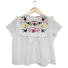3411 ZARA(ザラ) 白 フラワー 花刺繍 フリル 半袖ブラウス