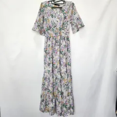 1267 tag フラワー Vネック ロング ワンピース