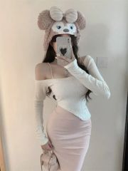 セット/迅速発送 2pcs ピンク ロング丈ワンピース + オフショルダー ニット セット