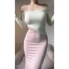 セット/迅速発送 桜 2pcs ピンク ロング丈ワンピース + オフショルダー ニット セット