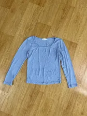 水色 スリムフィット スクエアネックロングスリーブ T シャツ