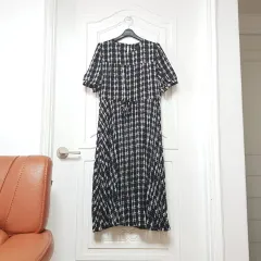 夏 レピタ パフ 半袖 黒 チェック シャーリング ロング ワンピース フリーサイズ