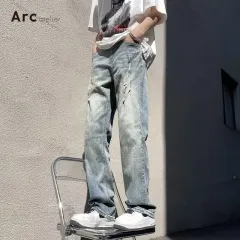 セミーワイド ライトブルー デニム パンツ ダメージ