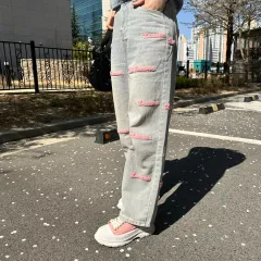 ピンク 刺繡 ハイウエスト デニム