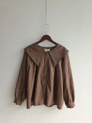 新品 ビック襟 チェック ブラウス Free