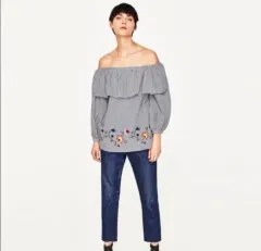 ZARA WOMAN ZARA(ザラ) ウーマンズ オフショルダー 刺繡 チェック ブラウス M