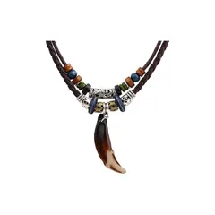 【新品】 [ILLARELL] メンズ ネックレス 民族風 アンティーク 狼牙ペンダント PUレザー 紐 チェーン 長さ調節可 上品 個性 魔除け お守り おしゃれ アクセサリー ギフト プレゼント (狼牙)