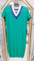 レディース ニットワンピース ロング丈ワンピース Vネックワンピース カラー グリーン ベージュ