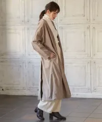 日本 ブランド 百 ボタン スエード ノーカラー ロング トレンチ コート カーディガン