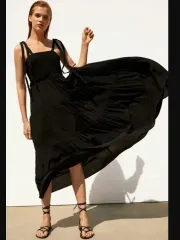 ZARA(ザラ) ウエストシャーリング キャミソール ロング丈ワンピース 55 66 黒 ビスコース S