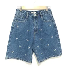リボン 刺繍 デニム ハーフパンツ L_S0076