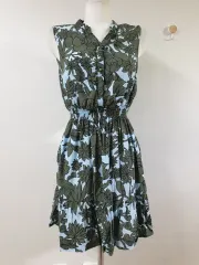 ROEM(ロエム) 女性用ミニドレス レーヨン ウエストゴム 青 カーキ フラワー 55 66 ノースリーブ