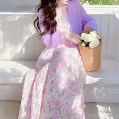 フラワー ワンピース カーディガン セット-L