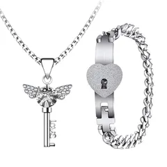 【新品】 [Flongo] 鍵＆錠 カップル アクセサリー ブレスレット ネックレス: 天使の羽 鍵ペンダント レディース ネックレス ハート 水晶 ジルコニア キューバ チェーン メンズ 腕輪 クロス＆ハート ステンレス-アクセサリー プレゼント シルバ 1