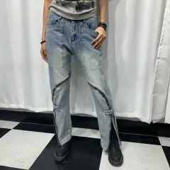 ライトブルー デニム ダメージ フリンジ パンツ