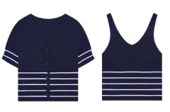 Vネック ボーダー柄 半袖 ニットカーディガン & ナシ ネイビー