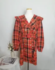 オレンジ チェック ビック襟 ベルト ジャケットドレス