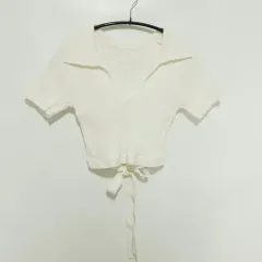 リボン Vネック クロップド リブ ニット 半袖 F_S0091