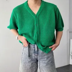 メンズ 夏 エンブロイダリー シースルー ルーズフィット 半袖 ニット セーター カーディガン 3 カラー