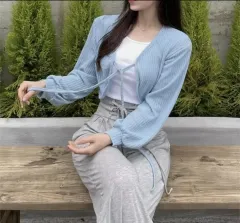 レディース 夏 リブ ニット ボレロ クロップド カーディガン 出品